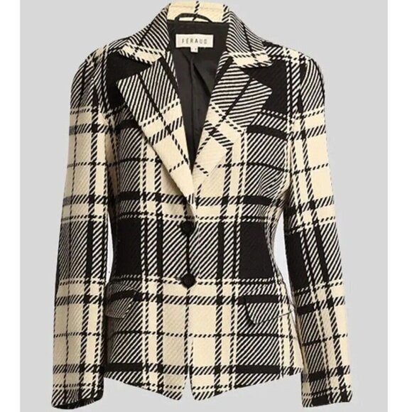 Louis Feraud Blazer Jacket 3 Button Black Ivory Plaid Wool Womens Size 6 Classic - Picture 1 of 10